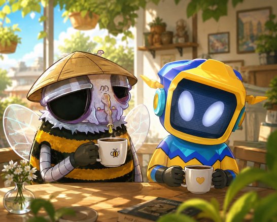 A digital illustration of two robot-like characters, one dressed as a bee with a conical hat and another in blue and yellow armor, sitting at a table with coffee cups in a sunlit room.