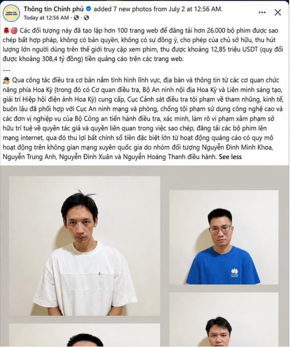 A Vietnamese government information post from 'Thông tin Chính phủ' (July 2) about arrests related to an illegal movie streaming website operation that earned approximately 12,850 USDT from over 26,000 pirated films, featuring mugshot photos of suspects.