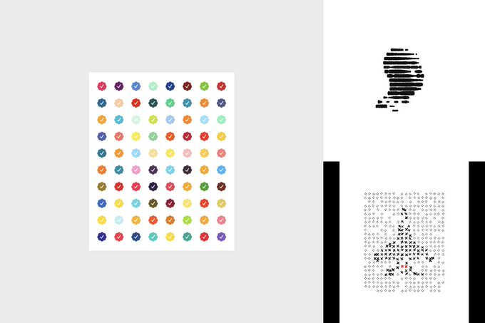 Three graphic design posters: a grid of colored "X" marks, a silhouette of a running figure made of horizontal stripes, and a similar running figure rendered in dots.