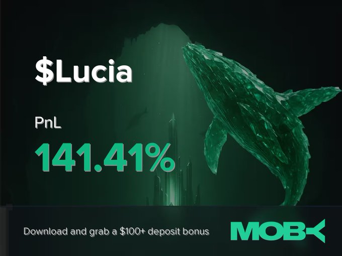 A graphic shows a green whale made of crystal-like shards floating over a dark underwater scene, highlighting a Moby trading win alert for $Lucia with a +141.41% PnL, promoting a $100+ deposit bonus download.