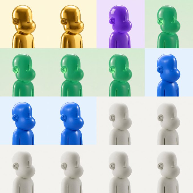 A grid of 3D-rendered humanoid figures shown in various solid colors (gold, purple, green, blue, white) against pastel backgrounds.