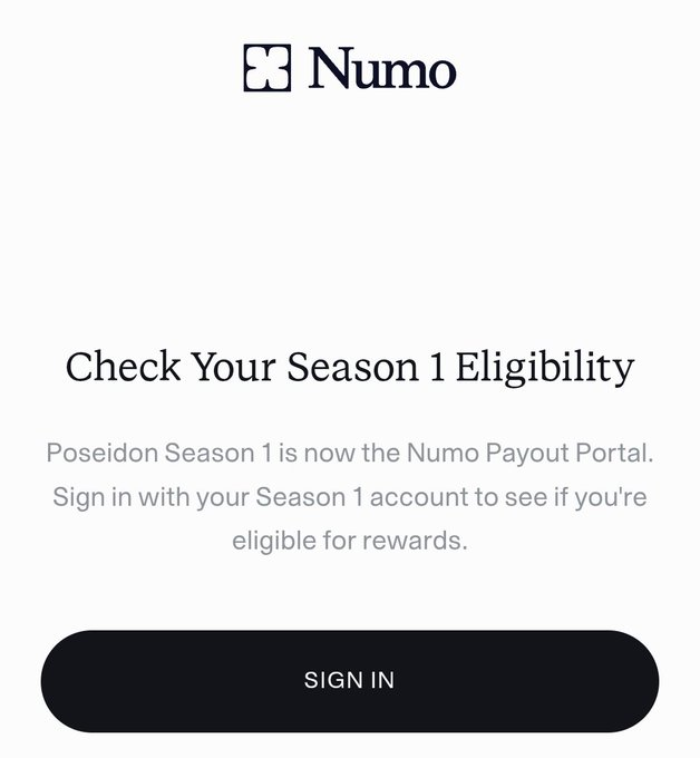 The image shows the Numo portal login page with a "Sign In" button and the heading "Check Your Season 1 Eligibility," indicating Poseidon Season 1 has been rebranded as the Numo Payout Portal where users can verify their airdrop rewards eligibility using their Season 1 credentials, as referenced in the post.