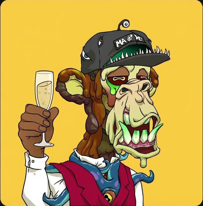 Cartoon NFT illustration of a grotesque zombie-like character wearing a shark-toothed cap labeled 'MAD LADS', green drooling face, tentacles for a tie, holding a champagne glass against a yellow background.