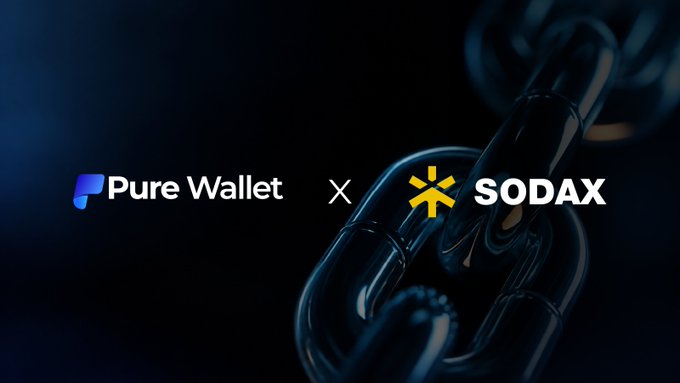 A promotional graphic showing a partnership between 'Pure Wallet' and 'SODAX' with their logos separated by an 'x' against a dark background featuring a metallic chain.