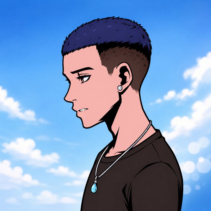 An anime-style illustration of a young man in profile with dark purple/black hair, wearing a black t-shirt, silver earring, and a turquoise pendant necklace against a blue sky with clouds.