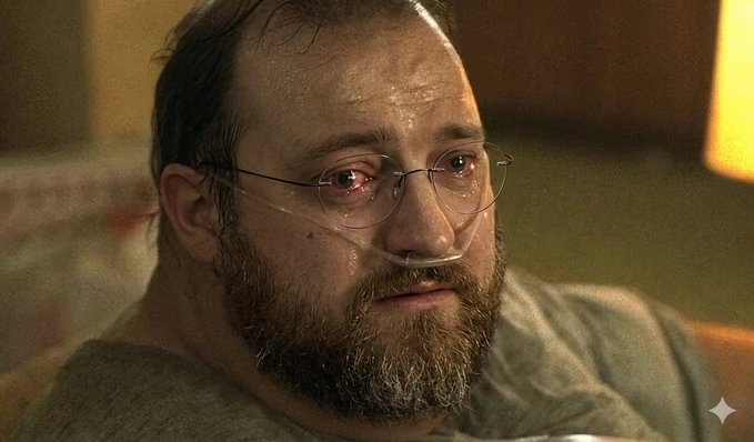 A close-up of a bearded man with glasses and a nasal cannula, appearing emotional with tears in his eyes.