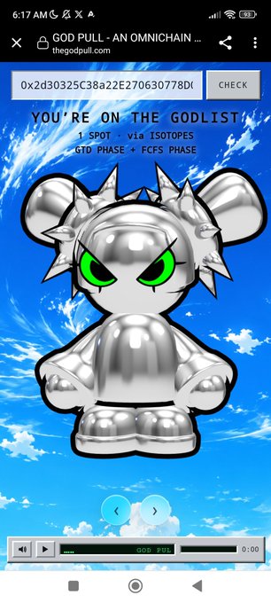 A mobile webpage screenshot from thegodpull.com displaying a metallic silver bear-like character with green eyes against a blue sky, titled 'GOD PULL - AN OMNICH...' with text 'YOU'RE ON THE GODLIST! 1 SPOT • via ISOTOPES' and hash '0x2d30325C38a22E270630778Dt'.