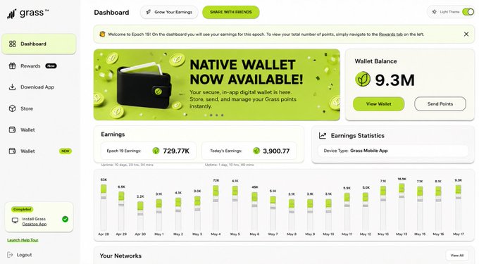 The image shows a dashboard with a green background, which displays information about a native wallet that has been updated. It features a user interface and various statistics related to an update for this feature on the Grass app, as indicated by the accompanying text above it.