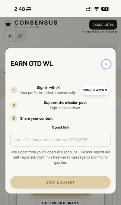 A mobile screenshot of the 'CONSENSUS' app showing an 'EARN GTD WL' modal with steps to sign in with X, support the mission post, and share content, including a field for an X post link and a 'SIGN & SUBMIT' button.