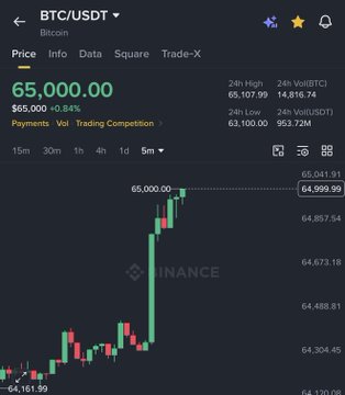 The image shows the Bitcoin (BTC/USDT) chart indicating its price has reached $65,000. This visual confirms the accompanying post's claim about Bitcoin's price surge.