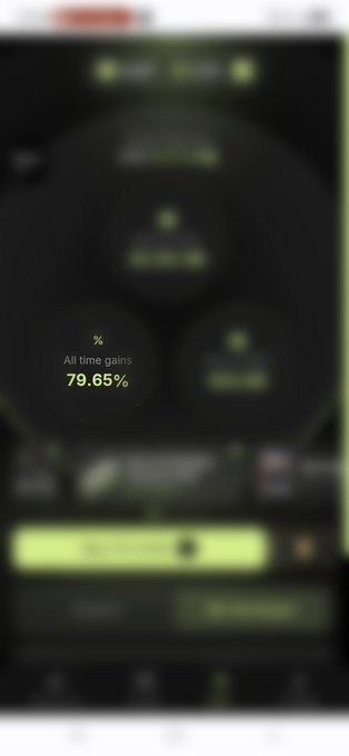 A blurred mobile app screenshot displays crypto trading statistics with 'All time gains' highlighted at 79.65%.
