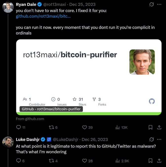 A Twitter/X thread screenshot where Ryan Dale (@rot13maxi) posts a GitHub repository called 'rot13maxi/bitcoin-purifier' (featuring a photo of a man), with Luke Dashjr (@LukeDashjr) replying asking at what point it's legitimate to report it as malware.