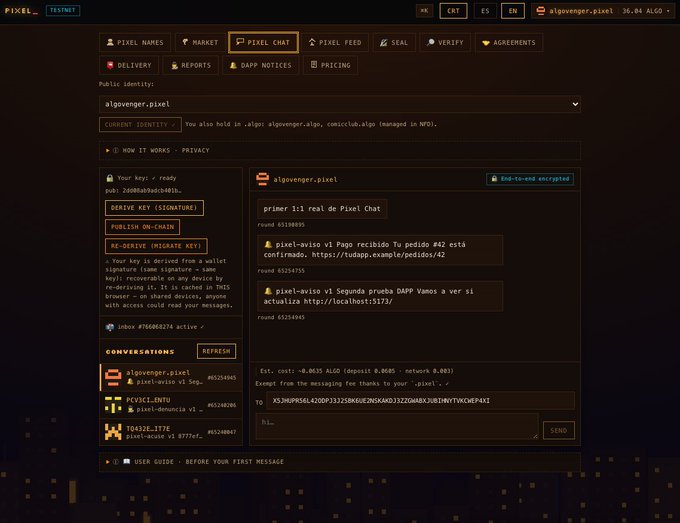A screenshot of a Pixel Chat interface on a dark-themed website, showing encrypted conversations in Spanish, including messages from 'pixel-avio' and 'pcycci.untu'.
