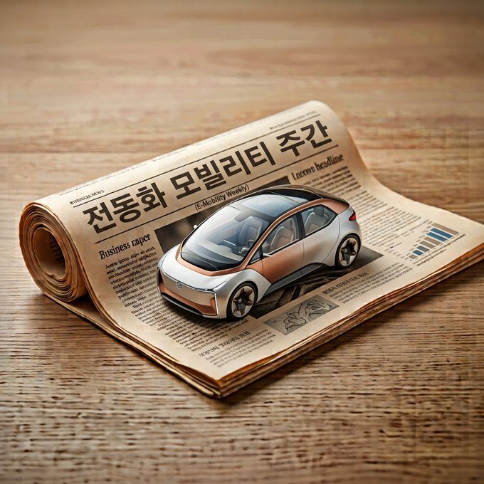 A rolled newspaper lies on a wooden table, featuring a silver electric vehicle illustration and headlines including “전동화 모델리티 추천,” “E-Mobility Weekly,” and “Lorem headline.” The image serves as a thematic visual for Amoblock’s weekly news summary for the third week of October 2026, particularly its electric-vehicle or mobility coverage.