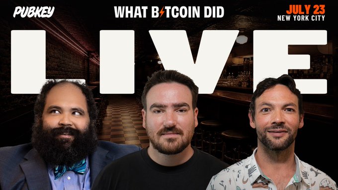 A promotional image for a PubKey event titled "WHAT B/TCOIN DID LIVE" on July 23 in New York City, featuring three men pictured against a bar backdrop. The event lineup matches the caption, highlighting a special live recording with guests including @americanhodl8, @Erikcason, Junseth, and @tpacchia.