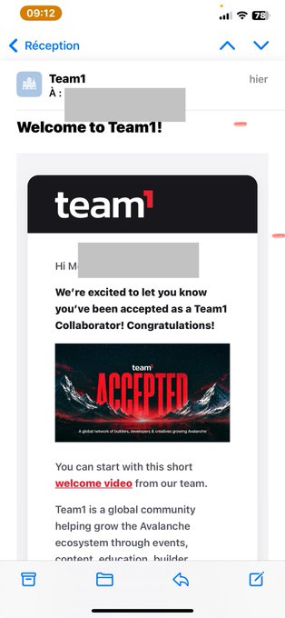 A mobile phone screenshot showing a Team1 welcome message reading 'We're excited to let you know you've been accepted as a Team1 Collaborator! Congratulations!' with an 'ACCEPTED' graphic and text stating 'Team1 is a global community helping grow the Avalanche ecosystem through events, content, education, builder...'