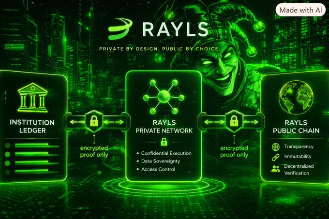 A green-themed 'Made with AI' diagram for RAYLS shows connections between an Institution Ledger, Private Network, and Public Chain.