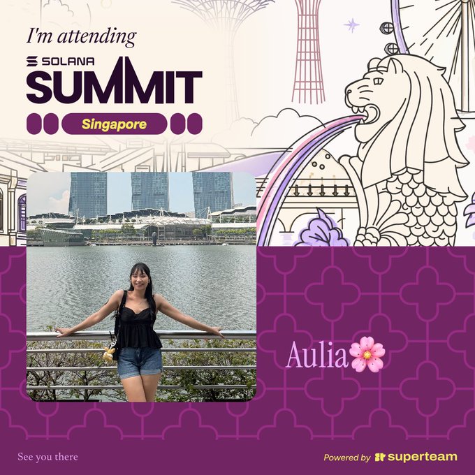 A promotional graphic for the Solana Summit in Singapore showing a woman named 'Aulia' posing by the Marina Bay waterfront featuring the Marina Bay Sands hotel in the background.
