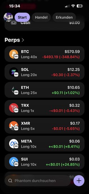 The image shows a phone screen displaying various cryptocurrency trading apps, including "Perps", "Long", "Ether", "XMRR", "Long 10x", "Long 20x", "Long 30x", "Long 40x", and "Long 50x". The app names are written in German. The post mentions that the app is called "Swapped eth Long" and has a long history of trading.