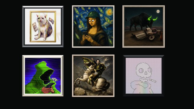 A grid of six framed digital artworks is displayed against a black background, featuring AI-generated reimaginings of classical paintings like the Mona Lisa, Starry Night, and portrait of Napoleon with modern pop-culture twists.