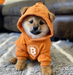 A small Shiba Inu puppy wearing an orange hoodie featuring the Bitcoin "₿" logo, sitting on a textured rug. The image ties into the post's discussion of "$DOG," blending crypto themes with the beloved "Doge" meme aesthetic, as if the sleepy pup is too tired to explain anything further.
