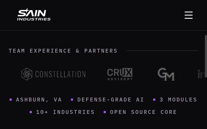 The image displays a section of the SAIN Industries website featuring their "Team Experience & Partners" page, which highlights logos for partner companies including Constellation, Crux Advisory, and GM, along with key details about the company: based in Ashburn, VA, offering defense-grade AI across 3 modules and 10+ industries with an open-source core. The inclusion of the Constellation logo visually supports the post's claim about SAIN OS leveraging Digital Evidence from Constellation ($DAG).