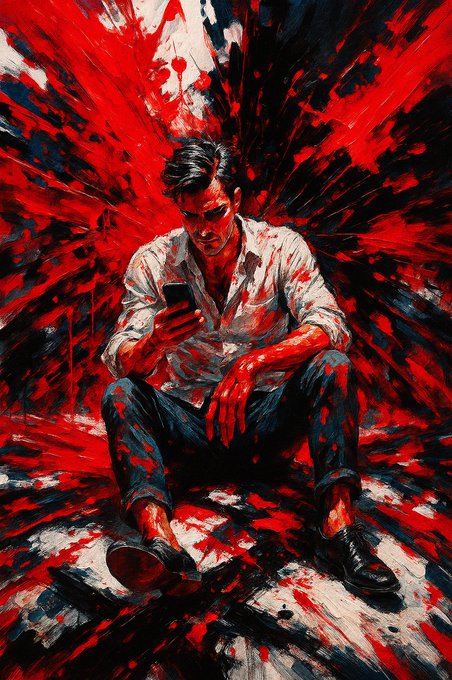 An expressionist painting of a man in a white shirt and dark pants sitting on the floor, looking at his phone. The figure and surrounding floor are heavily splattered with bright red and black paint.