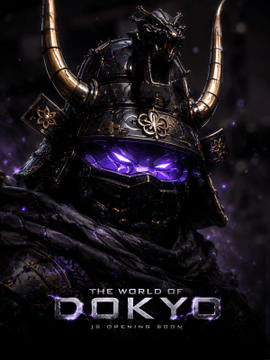 The image showcases a menacing samurai helmet with glowing purple eyes and golden horns against a dark backdrop, accompanied by the text "THE WORLD OF DOKYO - IS OPENING SOON -" at the bottom.

This dramatic visual perfectly matches the post's description of DOKYO's cinematic world, where the cracked samurai helmet likely represents one of the key characters—a war machine housing a hidden Emperor—teasing the dark, lore-rich atmosphere of this pre-TGE Solana memecoin franchise.