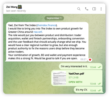 A Telegram chat with "Zixi Wang" (last seen recently) on September 1 shows a recruiter claiming to be from "The Index" (@TheIndexFi finance) offering a product growth role focused on the Greater China market, followed by the user sharing a CV file ("YaelChen.pdf", 571.3 KB). The accompanying post describes how the user nearly lost all their savings to a social engineering scam after being approached on Telegram by someone impersonating a recruiter for @TheIndexFi, highlighting the message that initiated the fraudulent job recruitment process.