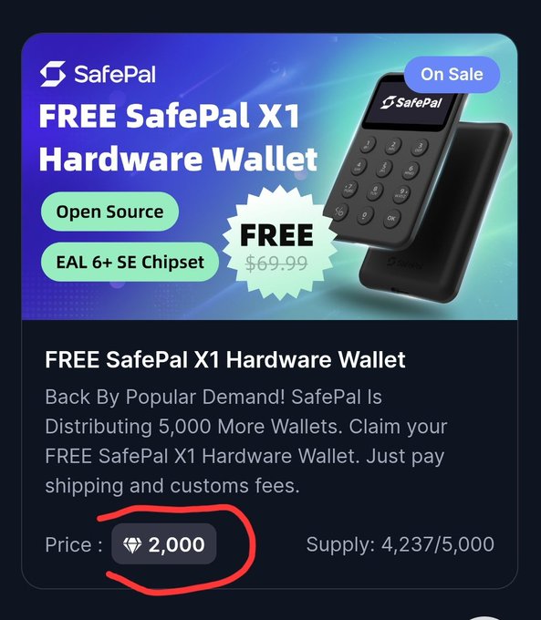 A promotional graphic for a free SafePal X1 Hardware Wallet, showing a price of 2,000 (Diamonds) and limited supply of 4,237/5,000 remaining, which aligns with the post's instruction that users with 2,000 Diamonds on Coinmarketcap can claim the wallet for free.