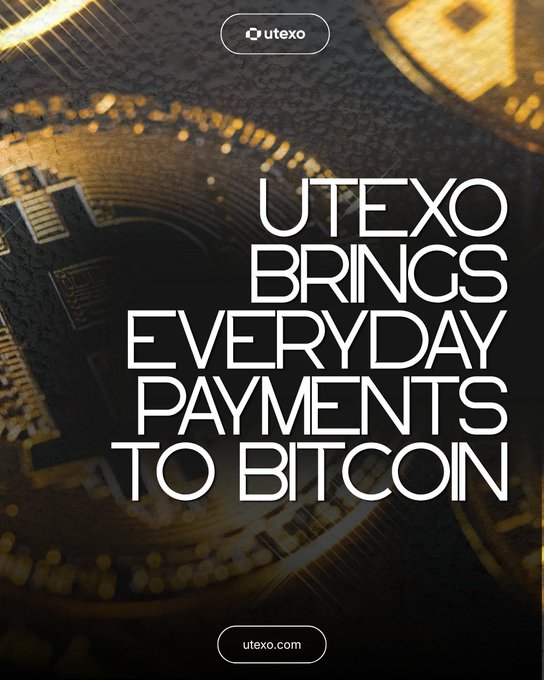 A dark promotional advertisement for 'UTEXO' with the tagline 'UTEXO BRINGS EVERYDAY PAYMENTS TO BITCOIN' overlaid on a golden Bitcoin image, directing to utexo.com.