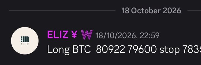 A screenshot dated 18 October 2026 shows a WealthGroup post from “ELIZ ¥ W” stating “Long BTC 80922 79600 stop 783…” The trade update corresponds to the accompanying post about taking the first take-profit and now moving the stop up on $BTC.