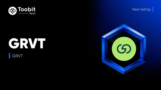 Toobit announces the new spot listing of GRVT, featuring a glowing green logo in a blue hexagon, with deposit now open and withdrawal available starting 2026-07-31.