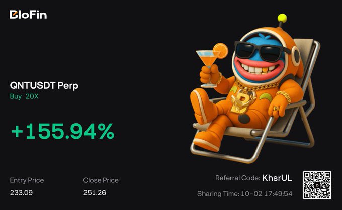 A BloFin advertisement featuring a cartoon character in an orange spacesuit lounging in a chair with a cocktail, displaying a GNTUSDT Perp trade with +155.94% profit, Entry Price 233.09, Close Price 251.26, Referral Code KhsrUL, and a QR code.