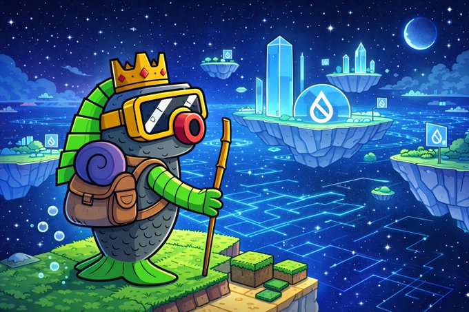 A vibrant cartoon illustration of a scuba-diving fish character wearing a crown, snorkel mask, and backpack, standing on a pixelated grassy cliff overlooking a digital seascape with floating islands and Sui blockchain logos.