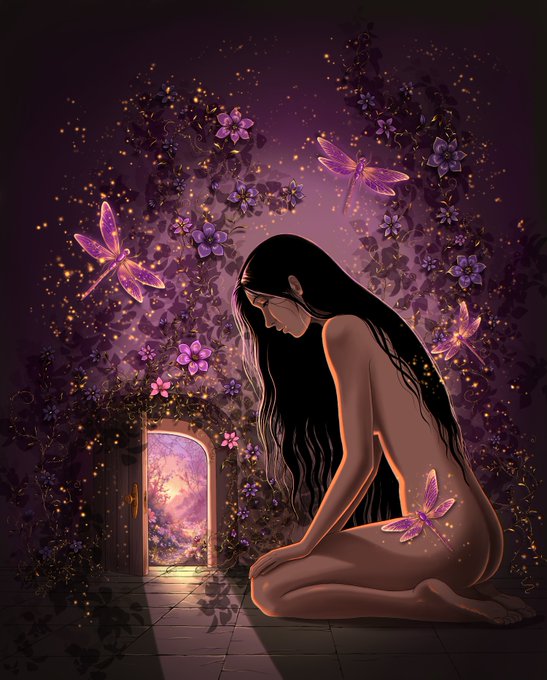 The image features a woman with long hair, depicted as a nude or semi-nude figure, sitting cross-legged on the ground. She appears to be looking through an open door, which could possibly lead to another room or space within her home. The background of the image is dark purple and filled with various flowers in shades of purple and pink, creating a sense of mystery and intrigue. The woman's position near the doorway suggests that she might be exploring or contemplating what lies beyond it.