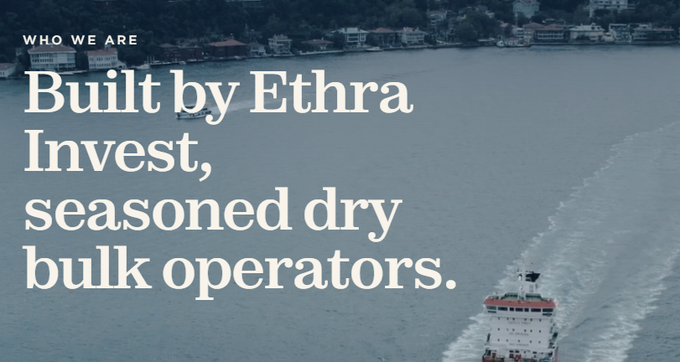 Marketing banner with aerial ship photography reading "WHO WE ARE: Built by Ethra Invest, seasoned dry bulk operators."