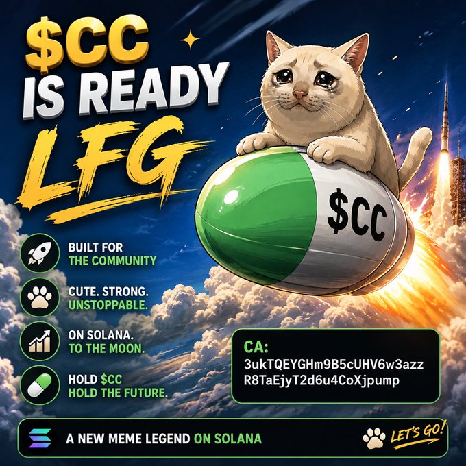 A promotional meme coin poster featuring a cat riding a rocket pill with text '$CC IS READY LFG', '$CC', 'BUILT FOR THE COMMUNITY', 'ON SOLANA TO THE MOON', and contract address '3ukTQEYGHm9B5cUHV6w3azzR8TaEjyT2d6u4CoXjpump'.