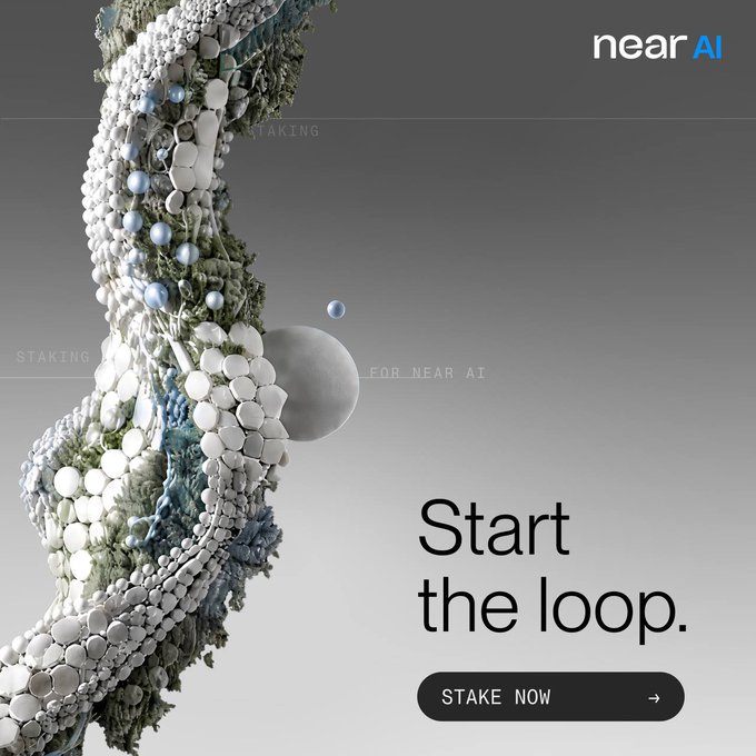 A promotional graphic for near AI featuring an abstract organic sculpture made of white spheres and stone-like textures on the left, with the tagline 'Start the loop.' and a 'STAKE NOW' button. Faint text in the background reads 'STAKING' and 'STAKING FOR NEAR AI'.