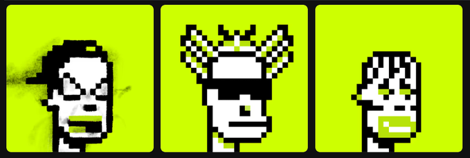 Three pixel art characters with black and white features set against bright green backgrounds, framed by black borders.