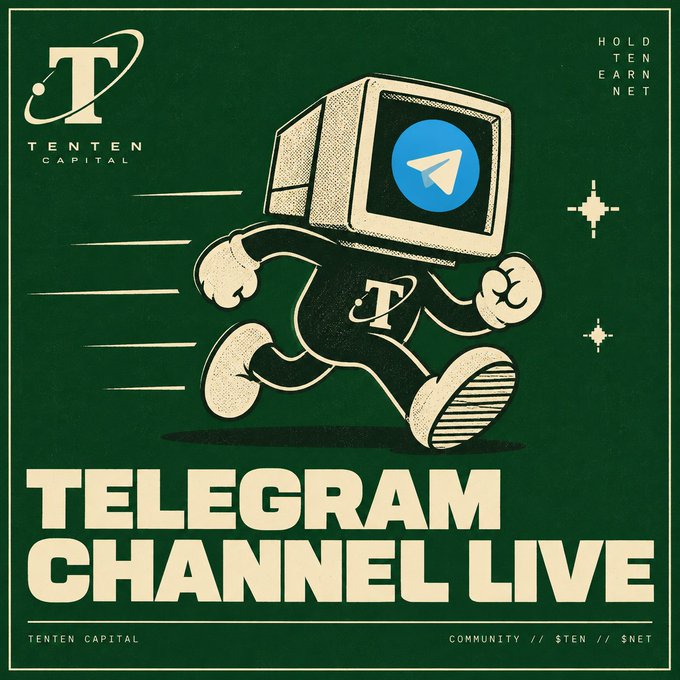 A dark green retro-style poster for 'TENTEN CAPITAL' featuring a cartoon computer monitor character with a Telegram logo on its screen running forward, with the text 'TELEGRAM CHANNEL LIVE' and 'HOLD TEN EARN NET' displayed prominently.