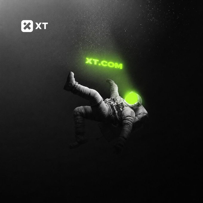 An astronaut floats in darkness with a glowing green helmet, from which the text "XT.COM" projects like a beam of light, while the XT logo appears in the top-left corner—visually reinforcing the $80 giveaway promotion for @XTexchange and @XTExchangcn.