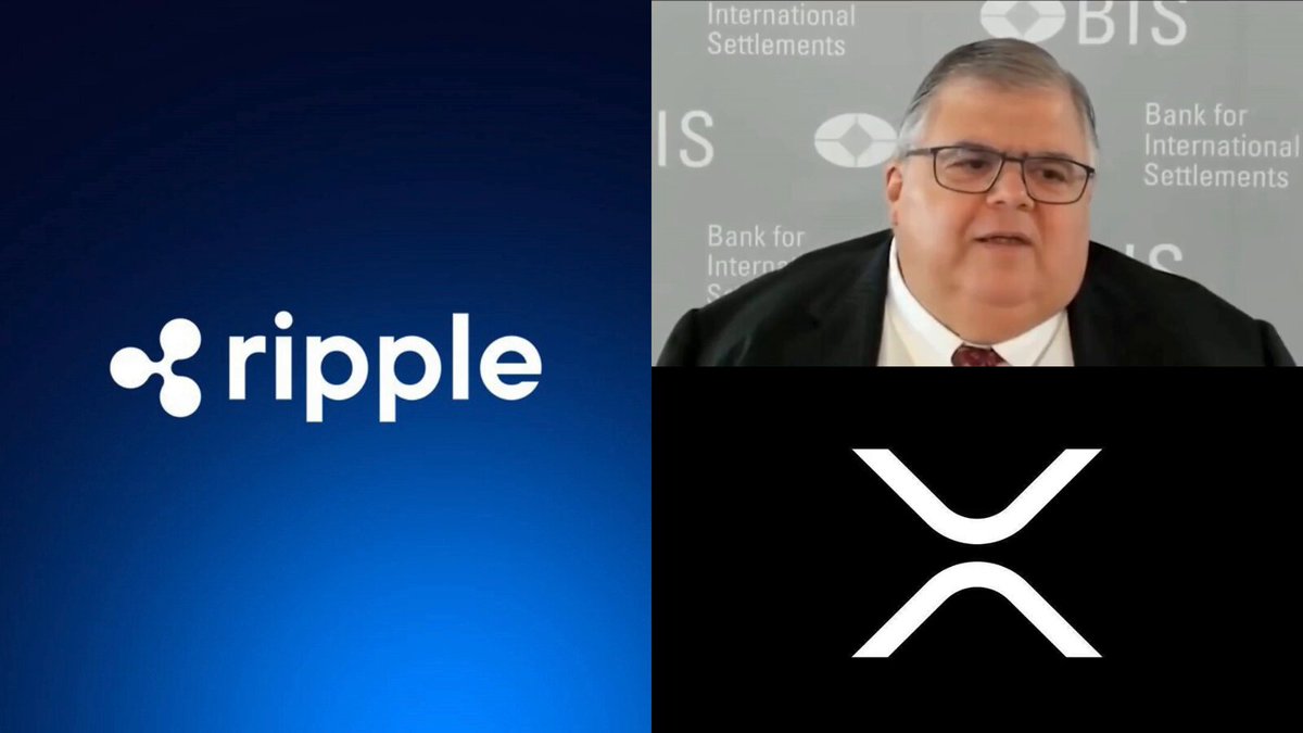 The image features a man wearing glasses, sitting behind a desk with his back facing the camera. He appears to be giving a speech or presentation about Ripple cryptocurrency technology. In front of him, there are two logos - one for Ripple and another for XRP (Ripple Cryptocurrency). The Ripple logo is positioned above the XRP logo on the image.