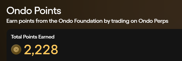 The image shows an "Ondo Points" dashboard displaying "Total Points Earned: 2,228" from trading on Ondo Perps. This relates to the post by illustrating the points farming aspect mentioned, where the user casually accumulates Ondo Foundation points through perpetual futures trading at a relaxed pace.