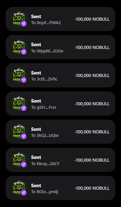 A list of seven transaction confirmations from the "Blckr Bull" wallet, each showing 100,000 $NOBULL sent to different Solana addresses (e.g., 0oy0...PWA2, WppM...JU0o, 3ctE...2V9c), providing proof of the $NOBULL token airdrop for participants who followed the steps and submitted their Solana addresses.
