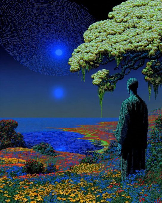 A vibrant, surrealist painting featuring a figure in a robe standing under a large tree with hanging moss, overlooking a colorful flower-filled landscape and water under a swirling blue night sky with a glowing moon.
