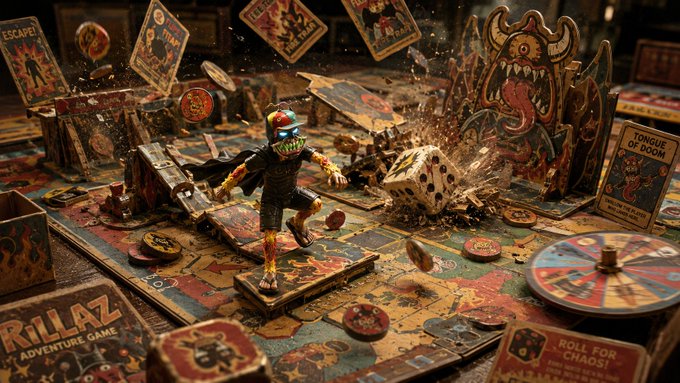 Surreal 3D render of a board game called 'RILLAZ ADVENTURE GAME' featuring a skeletal figure amid chaotic dice, cards, and fantasy elements.