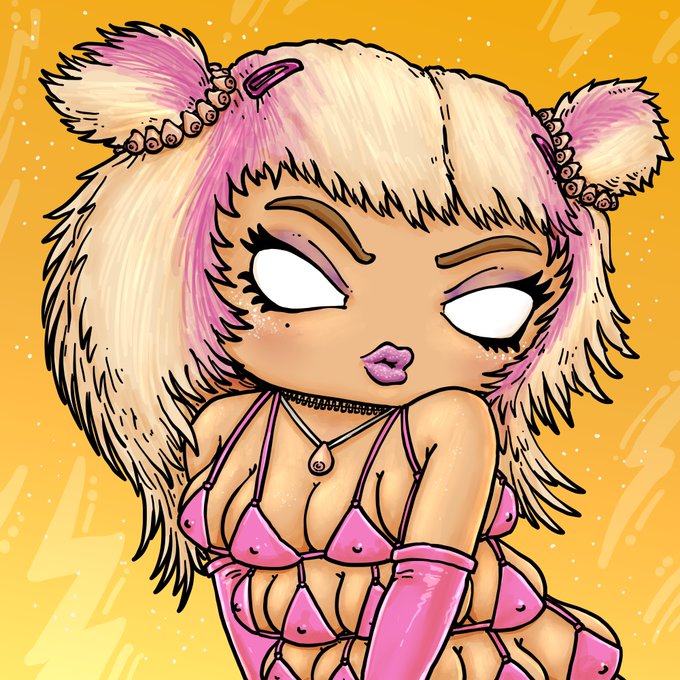 A stylized illustration of a female character with blonde and pink hair styled in twin buns, wearing a pink bikini outfit and matching arm gloves against a yellow background.