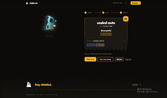 A screenshot of the 'slugsnats' website showing a 'sealed note' NFT collection called 'zshield' by @zenyieldsd, with options to draw, save, or refresh the sealed note image.