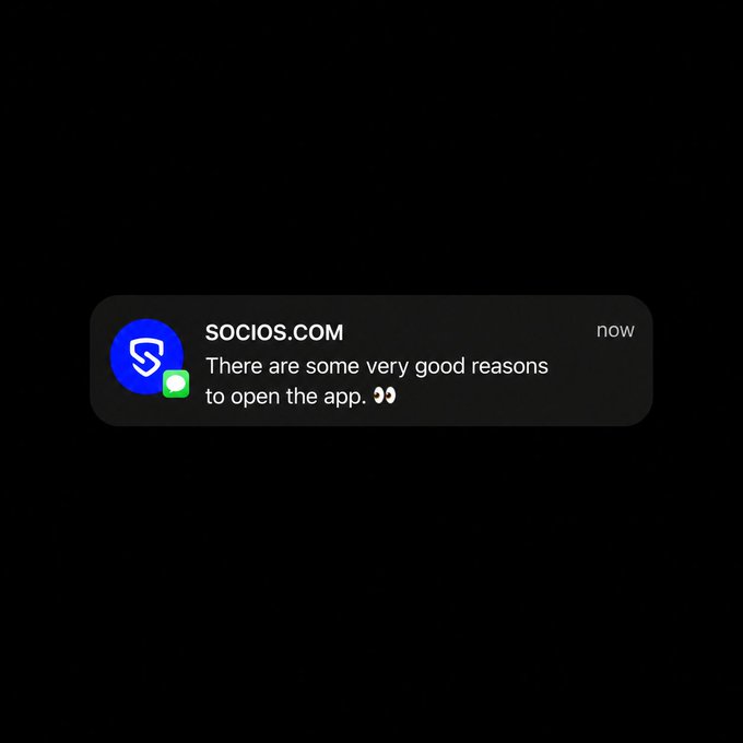 A smartphone notification from the SOCIOS.COM app displayed on a dark background, reading 'There are some very good reasons to open the app.'